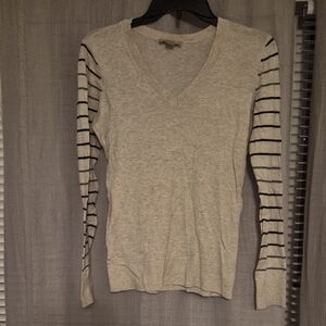 LOFT Gray and Black Striped Long Sleeve V-Neck Top